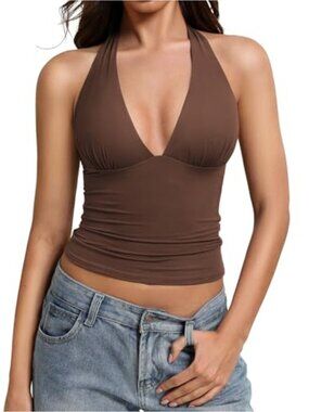 Double Lined Halter Crop Top for Women - Backless Deep V Neck Y2K Going Out Tank
